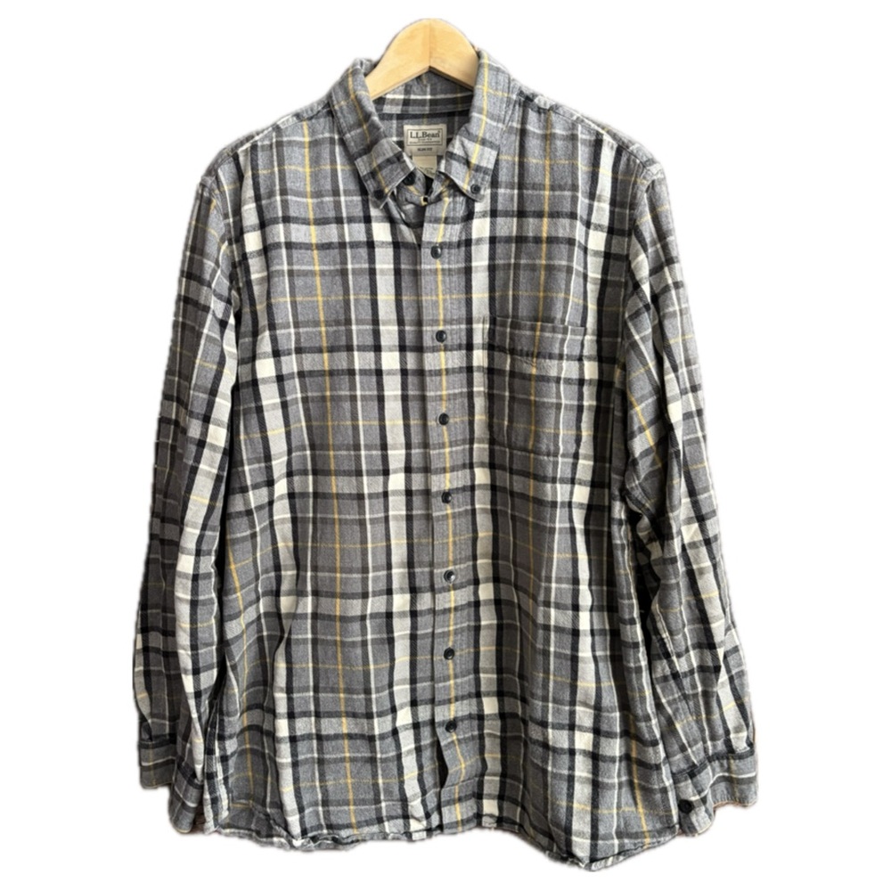 L.L. Bean Mens Long Sleeve Plaid Shirt Gray Yellow Casual Outdoor XL Tall Cotton